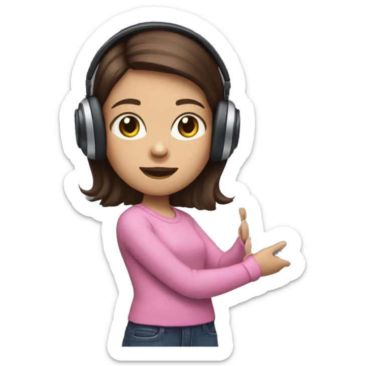 Brunette haired girl wearing pink cat headphones adn holding a smart tablet sticker