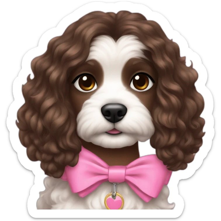 brunette Kendall Jenner with long hair holding white maltipoo in pink collar sticker