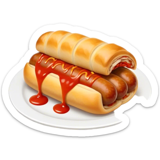 cinematic-realistic-sausage-roll-dish-emoji,-depicted-with-a-crisp,-golden-pastry-wrapped-around-flavorful-sausage,with tomatoe sauce on top sticker