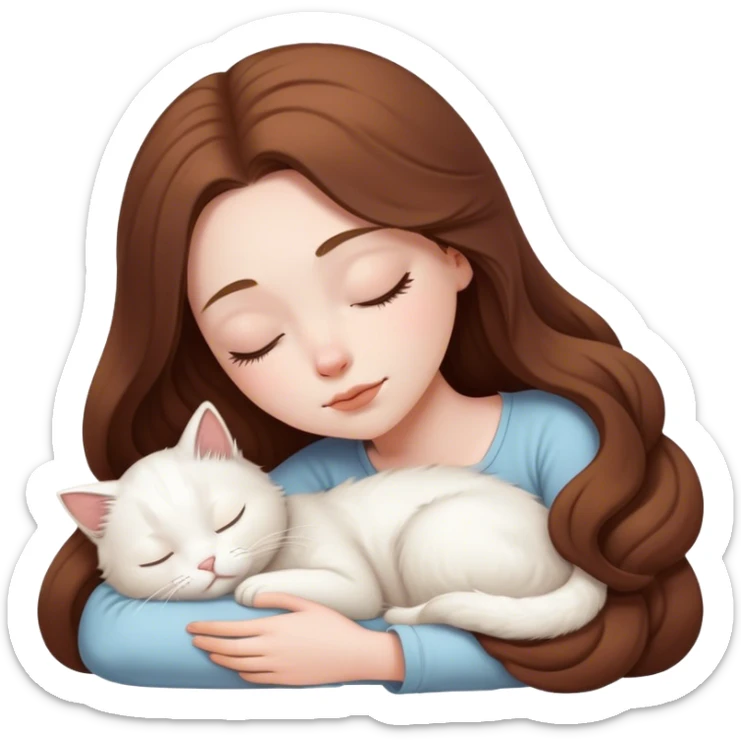 A pretty white girl with very long brown hair and sleeping curled up to a white cat  sticker