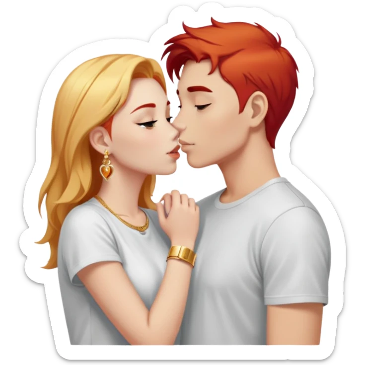 close-up of young 20 year old couple kissing, girl with red hair and blonde eyebrows wearing gold jewelry and light clothes, boy with white hair wearing dark t-shirt sticker