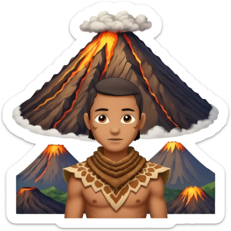 a avatar wearing ancient animal skin cloth with volcano behind, half body, icon sticker