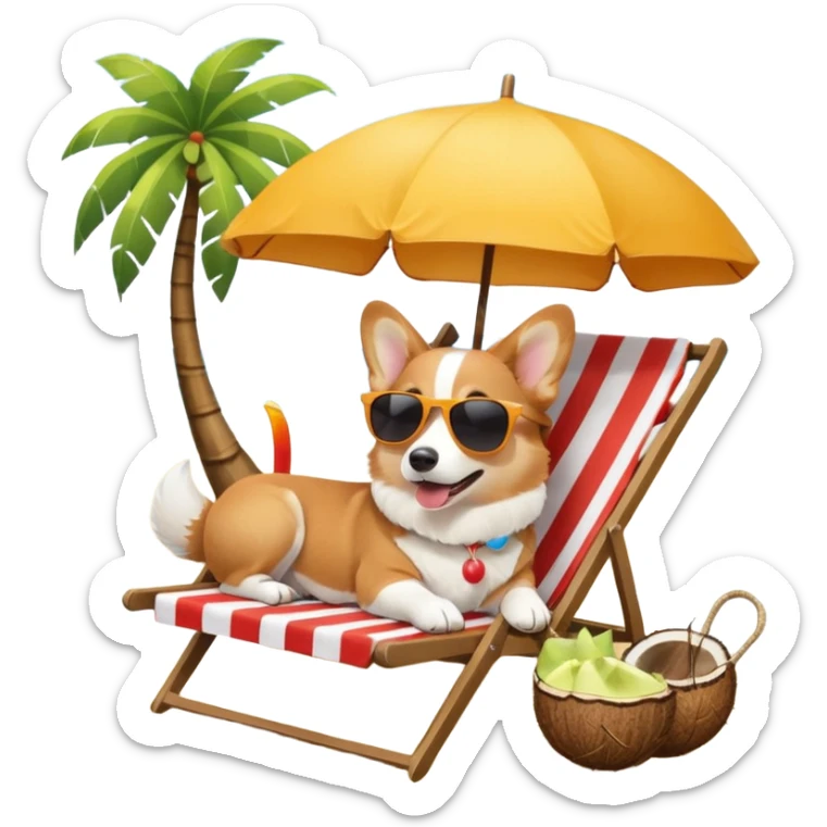 a corgi dog laied on a beach chair, a sunny beach, a sun umbrella, and beach coconut trees. the icon should capture the essence of a relaxing beach vacation with a carefree atmosphere sticker