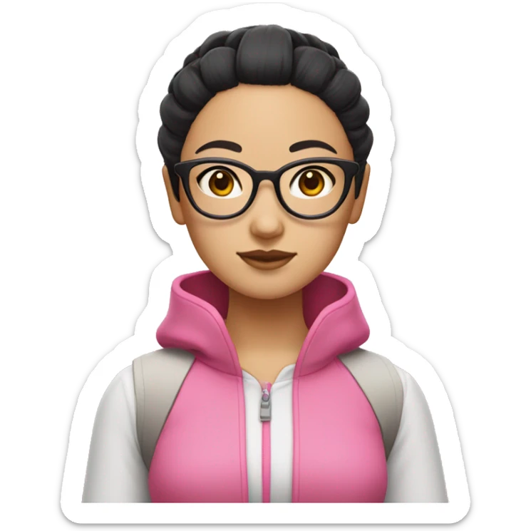 An Asian girl with black hair, wearing glasses, and dressed in a pink outfit. Her hair is styled in two buns on either side. sticker