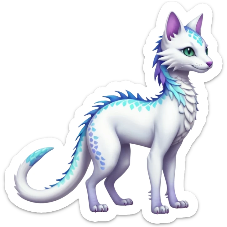 Kawaii white iridescent beautiful pretty elegant divine edgy fantasy feline-vernid-sergal-fursona animal creature with a tufted tail full body with intricate markings  sticker