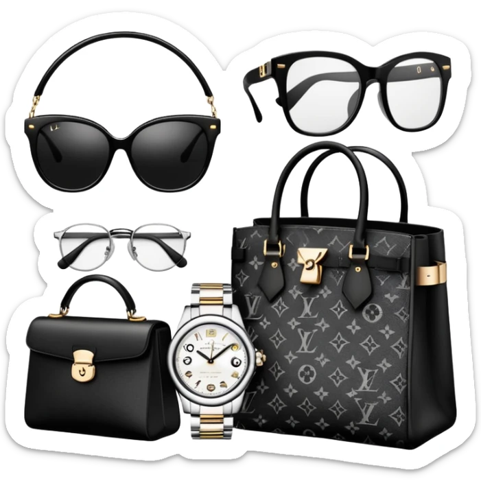 bags and watches, and glasses, all black and white put together like a bundle with no face, all luxury items like lv sticker