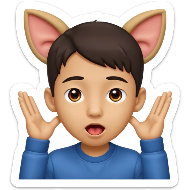 a boy with asian eyes holding his ears and with his tongue out sticker