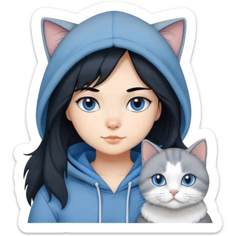 Girl with black hair in gray hoodie with a British shorthair blue and white cat and a long-haired blue and white cat sticker