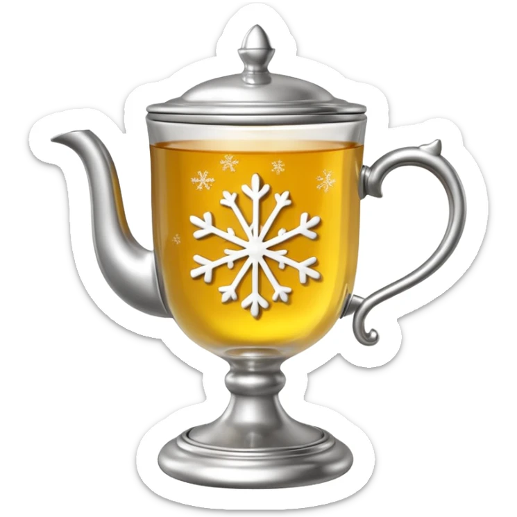 3D emoji of a traditional
Russian tea glass in an ornate silver metal holder (podstakannik). Hot tea with a lemon slice, visible steam forming a small snowflake shape. High-end glossy 3D
 sticker