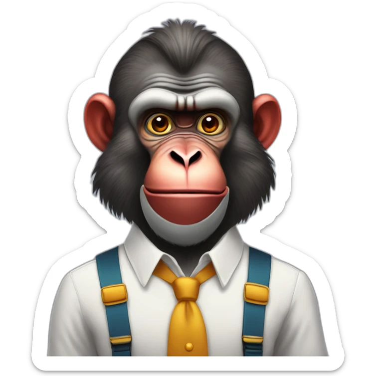 Funny Mandrill with a human look bold with beard wears a shirt and Suspenders in the shirt neck a butterfly like a clown sticker