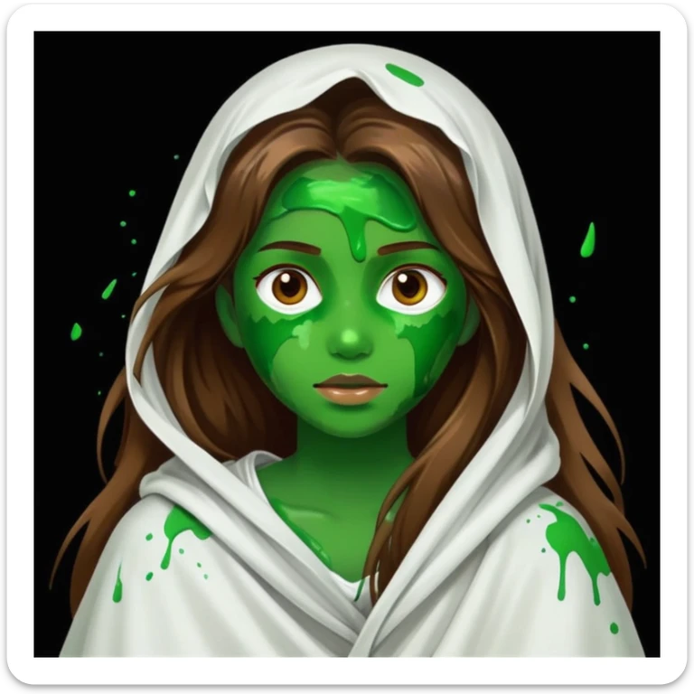 Girl with long brown hair wearing a big white sheet with a shiny face and green paint stroke randomly splattered on her clothes and face sticker