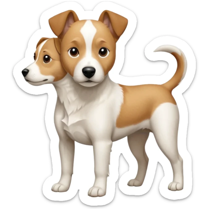 a full body facing front on of a buff white beagle cross jack russell terrier looking dog the size of a kelpie with light brown long ears resting on its face and a light brown patch above one eye and a large snout. the rest of the dog is completely white.  sticker