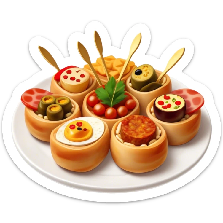 Tapas (4 Pintxos) Cinematic Realistic Tapas Dish Emoji, depicted as an assortment of 4 pintxos elegantly arranged on a plate, rendered with lifelike textures and vibrant, inviting lighting. sticker
