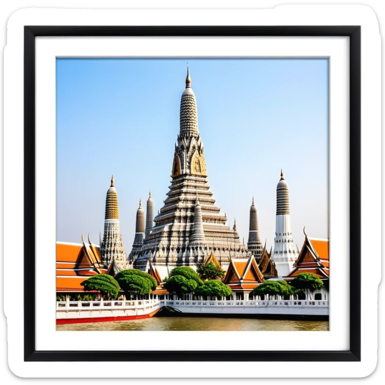 Cinematic Realistic Wat Arun Landmark Emoji, depicting the towering temple spires adorned with intricate porcelain mosaics sticker