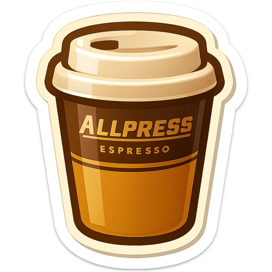 Create a simplified emoji of an Allpress coffee cup with brown and gold colors in a modern emoji style. Transparent background. sticker
