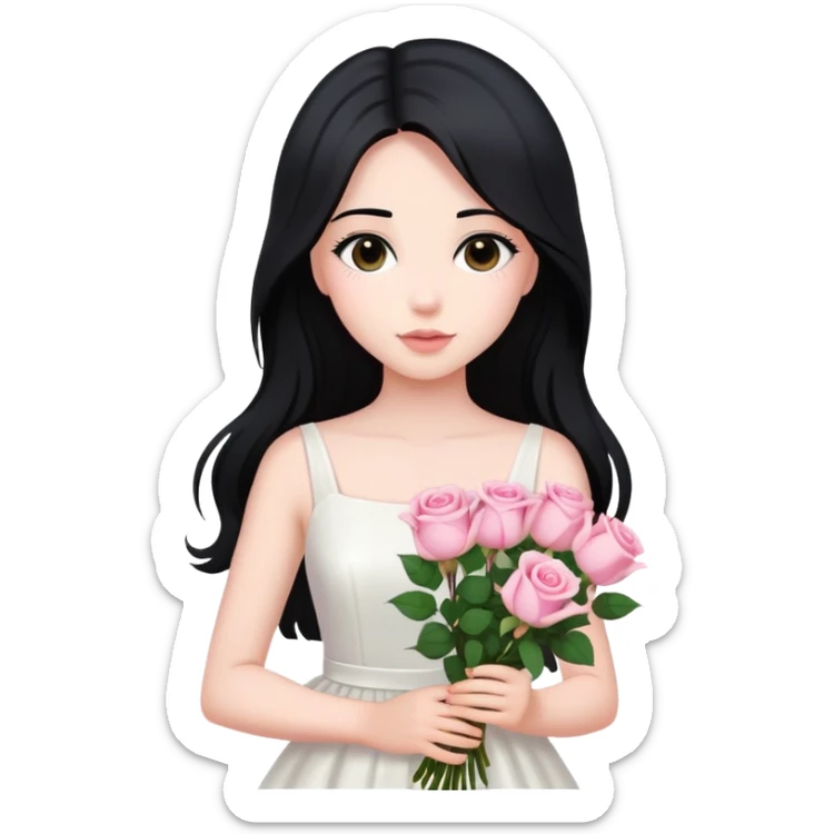 A beautiful girl with long black hair and a white dress is holding a bouquet of pink roses sticker