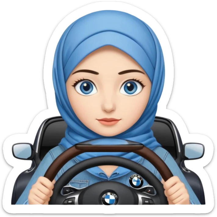 Turkish beautiful finish Konya girl blue eyes with denim hijab dress and driving bmw car sticker