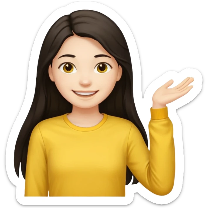 girl on a laptop, long dark hair white skin and yellow shirt long sleeves, smiling sticker