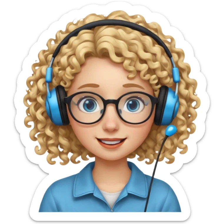 blond kid with unique face features and very curly hair kid girl happy and big glasess and big nose and very blue eyes with freckles kind of nerd looking and headphone wearing sticker