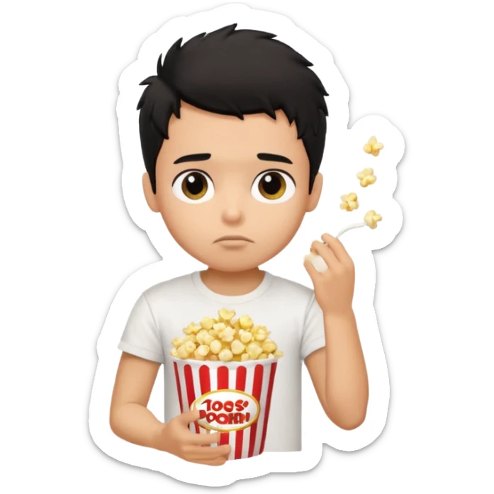 generate a pretty tan bratz boy with black messy hair eating popcorn and watching tv, wearing white tshirt sticker