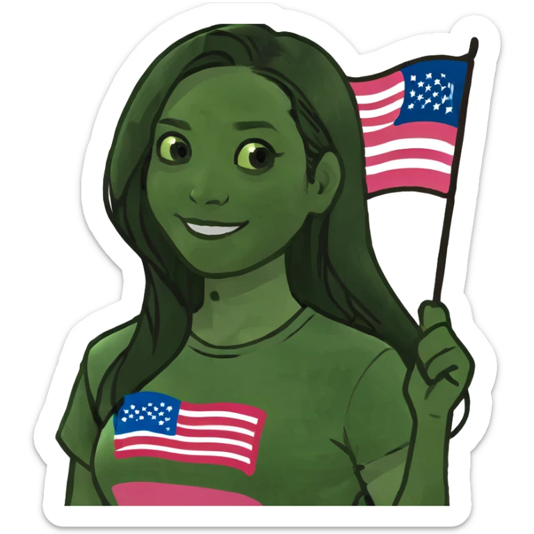 Asian woman smiling, black hair, long hair, dark eyes, pink tshirt, cute face, holding an American flag  sticker