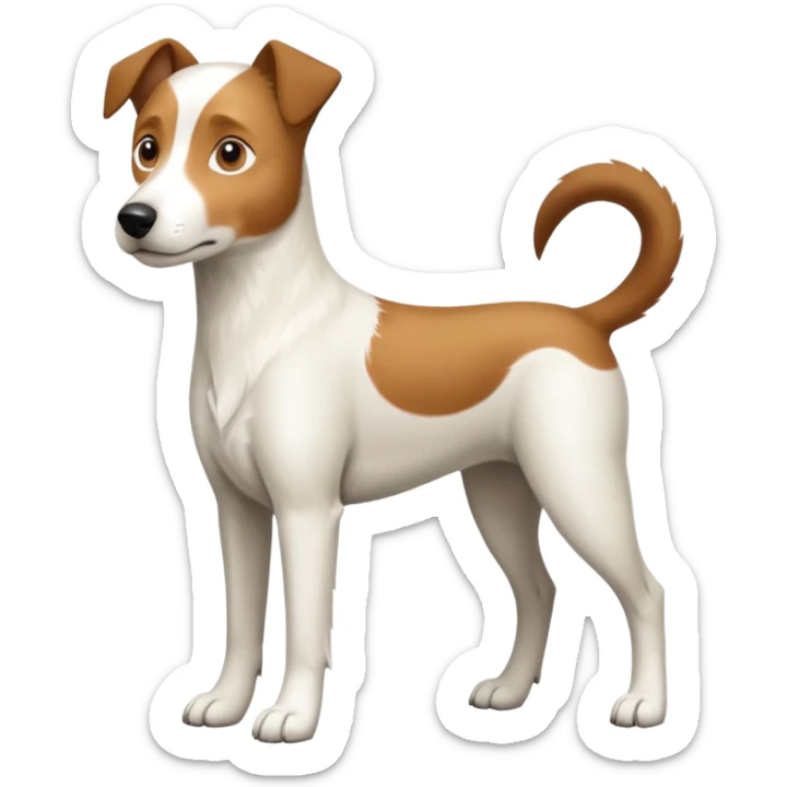 a full body large white parson russell looking dog the size of a kelpie with light brown flopped down ears and a light brown patch on one eye and a large snout sticker
