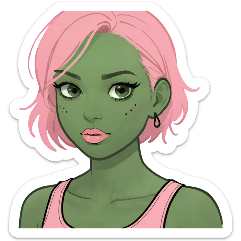 Girl, pale, long black hair, black eyes, blush, mascara, lip gloss, pink tank top sticker