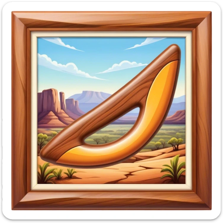 Cinematic Realistic image of a classic boomerang, rendered with detailed wood grain textures and vibrant colors, set against a sunlit outback landscape that emphasizes its iconic Australian heritage sticker