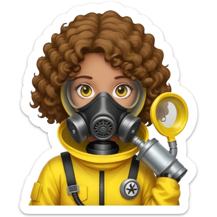Sticker of a girl with curly brown hair, wearing a yellow hazmat suit and a gas mask. Slightly tense vibe, cartoon style, radiation danger background. sticker