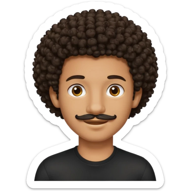teen-boy, Afro curly dark brown hair, brown eyes, black shirt, thin trimmed mustache, not bushy or thick  sticker