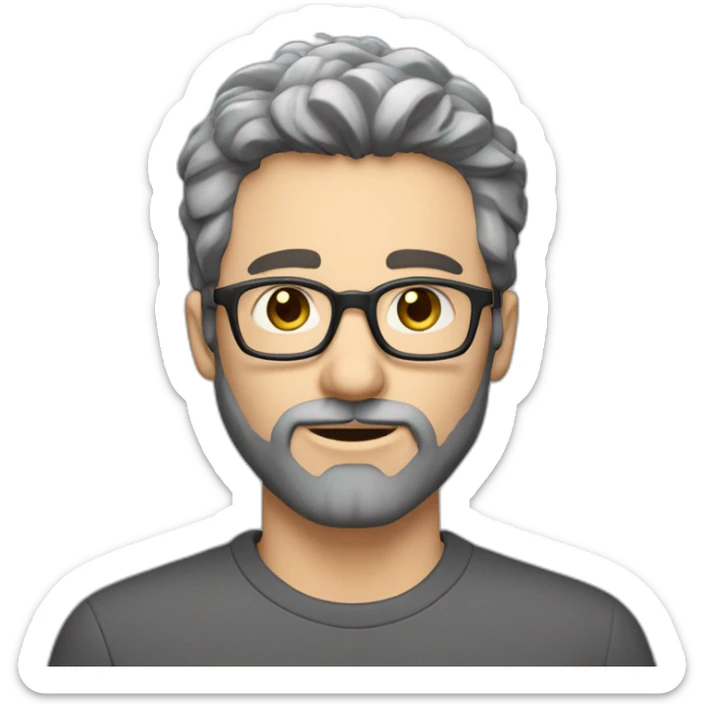 Caucasian man 40. brown eyes. short hair and short gray beard. disheveled without parting. black glasses sticker