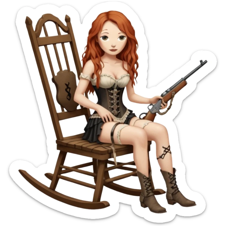 realistic cinematic Tori Amos sits on a rocking chair in a torn corset, holding an antique rifle and her bare feet are muddy. A white snake is wrapped around the chair. sticker