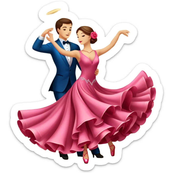 humanless Icon for Ballroom Dancing: a pair of ballroom dance shoes, a rose, a dance floor, a flowing, voluminous ballroom dress in motion, and a shining spotlight. The icon should represent the elegance and atmosphere of ballroom dancing, focusing on the attire and setting. Transparent background. sticker