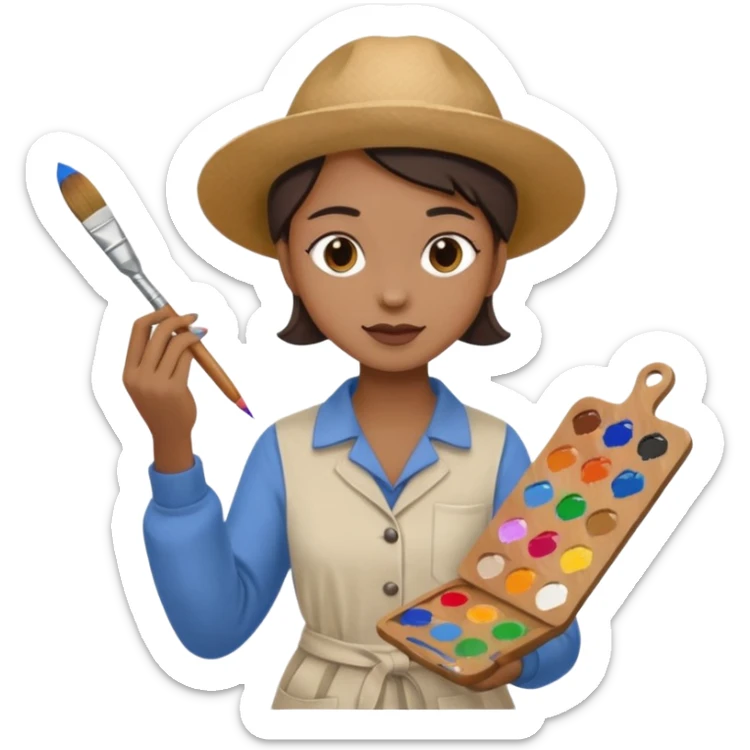 artist painting at a canvas, holding a paintbrush and palette sticker