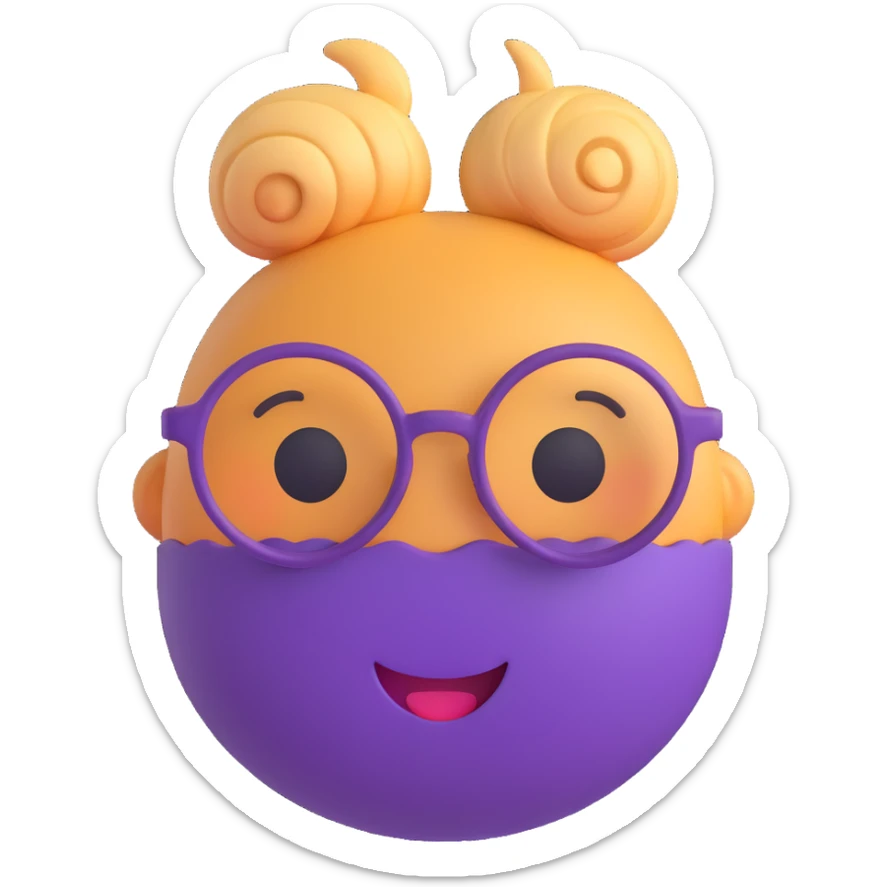 3D smiley emoji, round shape, grandmother with glasses, bun hairstyle, purple color, smiling face sticker