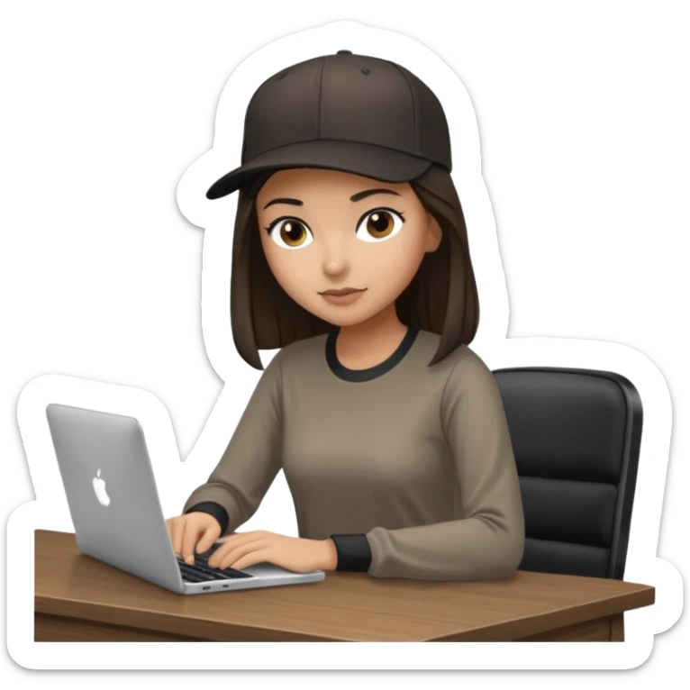 A professional 3D avatar of a young woman with olive skin and long, dark brown hair, wearing a dark, long-sleeved classy taupe shirt and a black baseball cap. She's sitting at a sleek wooden desk, typing and looking at a silver MacBook.  sticker