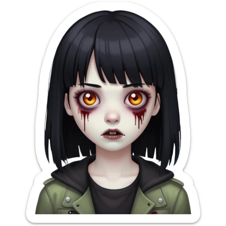 uma menina zumbi com cabelo preto e liso e uma franja. ela tem um estilo meio emo sticker