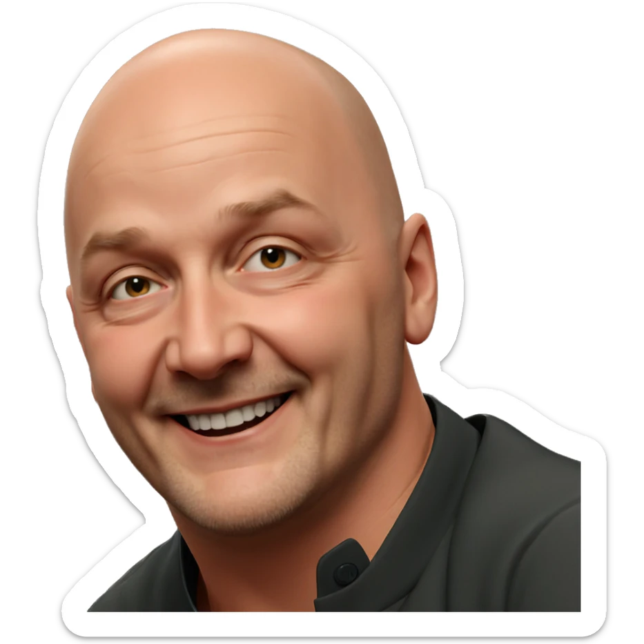 bald boy with a smile sticker