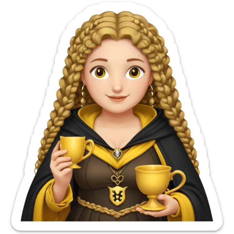 Helga Hufflepuff, 2 curly thick brown braids, yellow-black medieval dress, black cloak decorated with gold braiding, tiny two-handled shiny yellow-gold cup, very kind smile, curvy busty sweet woman, thick rosy cheeks sticker