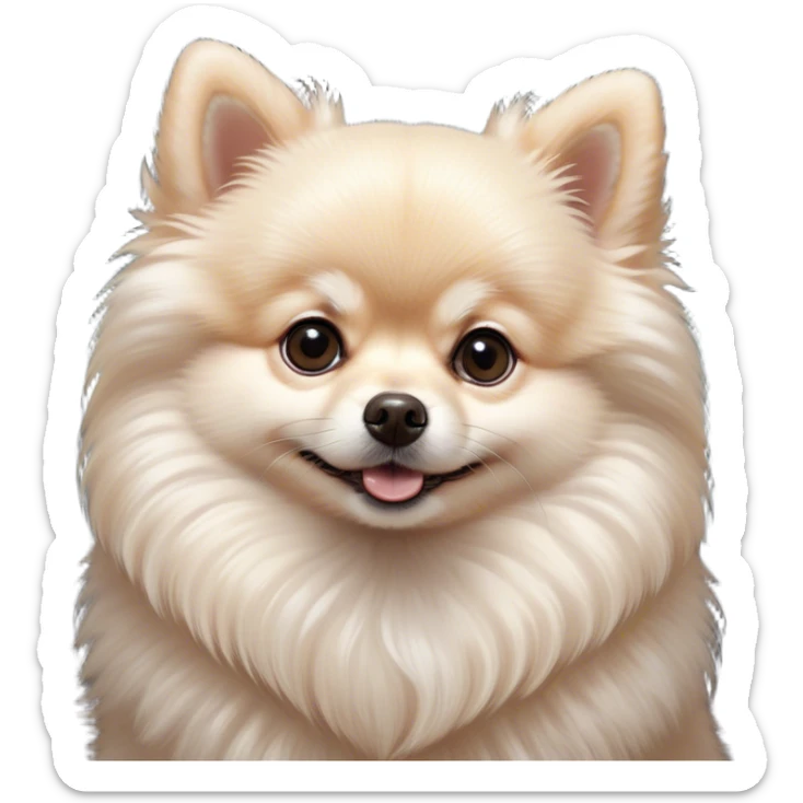 Cinematic Cute Cream Pomeranian Portrait Emoji, Head tilted playfully and inquisitively, featuring a luxurious, fluffy cream Fur with a natural sheen, round, sparkling dark eyes filled with curiosity, Simplified yet irresistibly adorable features, highly detailed, glowing with a warm, friendly glow, high shine, affectionate and lively, stylized with a touch of whimsy, bright and endearing, soft glowing outline, capturing the essence of a mischievous yet loving pup, so playful it feels like it could scamper out of the screen and into your arms! sticker