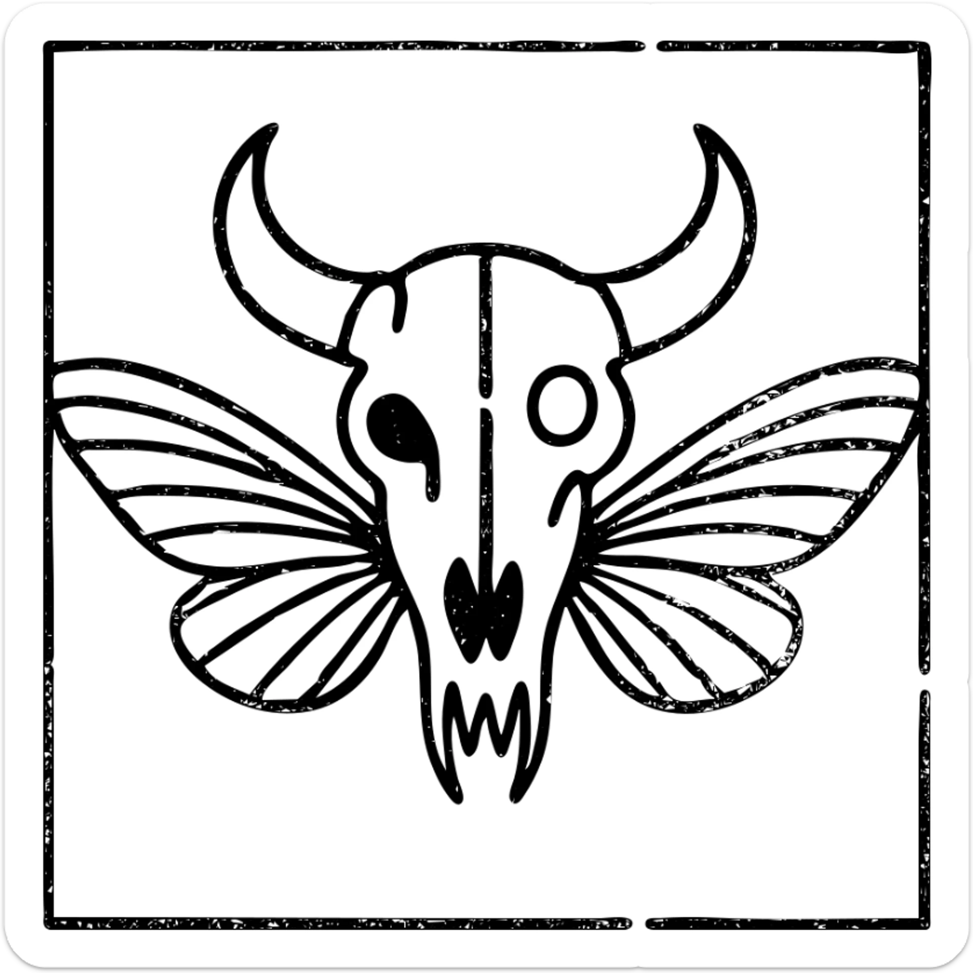 minimal red horror line art of minotaur-stoat hybrid skull with broken horn and eye, with moth wings, mostly empty middle with simple thin outline frame around the entire design, frame intentionally weathered and incomplete in spots, sparse horrific details, 100% red sticker
