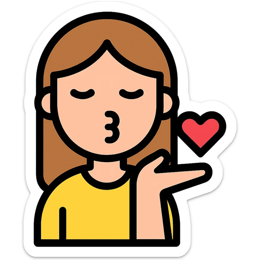 icon of a light-skinned girl with straight, light brown hair blowing a kiss towards the screen, minimal and clear design, simple modern style, clean lines sticker