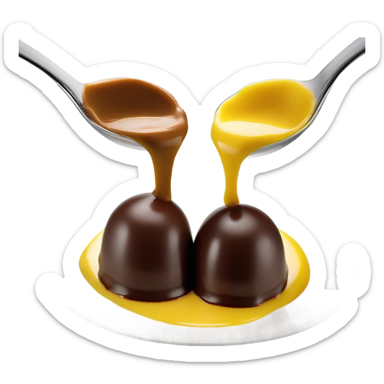 1 Chocolate quenelle and 1 vanilla quenelle on a fine dining glass plate with 3 small drops of yellow sauce as decoration sticker