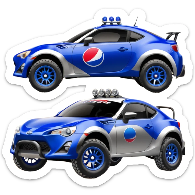 Dirty raced jacked 2013 scion fr-s ultramarine off road 4wd monster Baja dessert stadium racer number 86 with long travel suspension, shiny silver wheels, exaggerated black fender flares sponsored by Pepsi and NASA  sticker