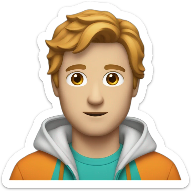 white man with brown hair, wearing an orange t-shirt and a teal hoodie zipped half way sticker