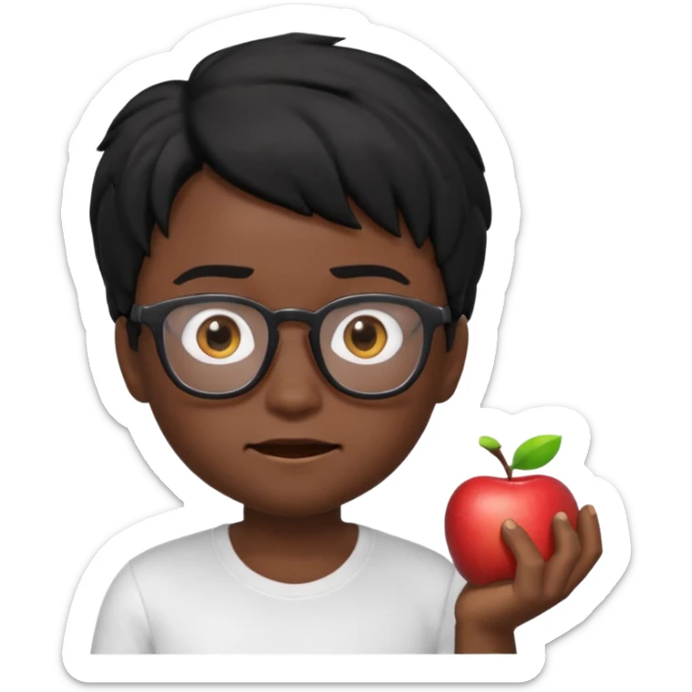 3D cartoon emoji portrait of a young character with black skin, messy black hair, big expressive brown eyes, wearing glasses and a white t-shirt, realistic shading, Pixar-style lighting, smooth texture, cute and slightly funny expression, high-quality render, white background, Apple Memoji style sticker