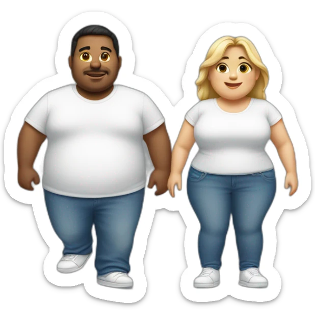 Couple fat boy and thin girl both wearing white tshirt blue jeans and white shoes sticker