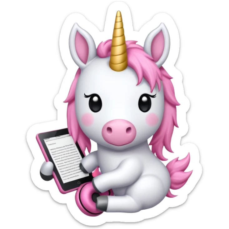 Unicorno peluche bianco con corno rosa brillantato con sulla testa un paio di cuffie e un Amazon Kindle in mano sticker
