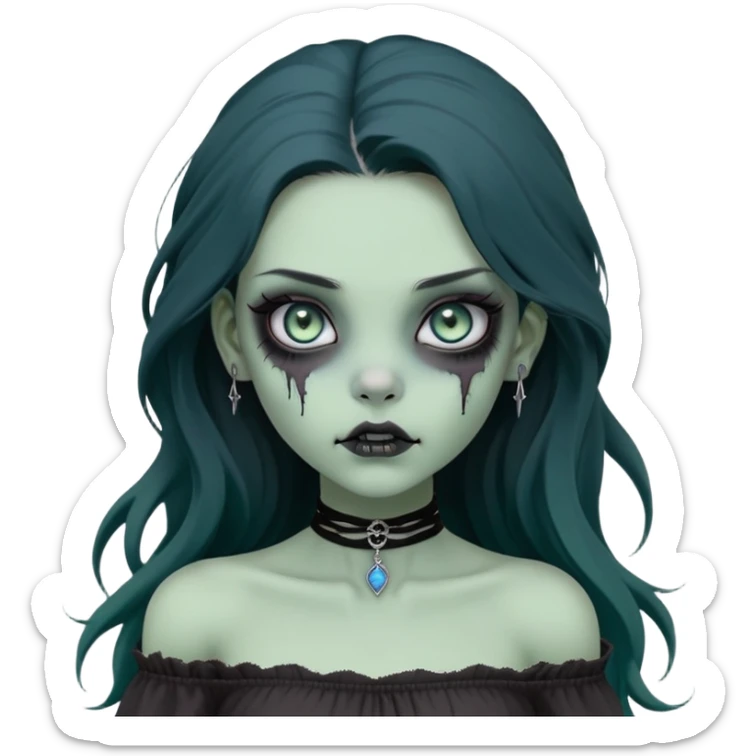 a soft, doll-like zombie girl with light sage green skin and big blue-green eyes, long black hair that swoops gently at the ends, a tiny silver nose stud and a delicate eyebrow piercing on the left side. she’s wearing an off-the-shoulder black top that shows her collarbones, sticker