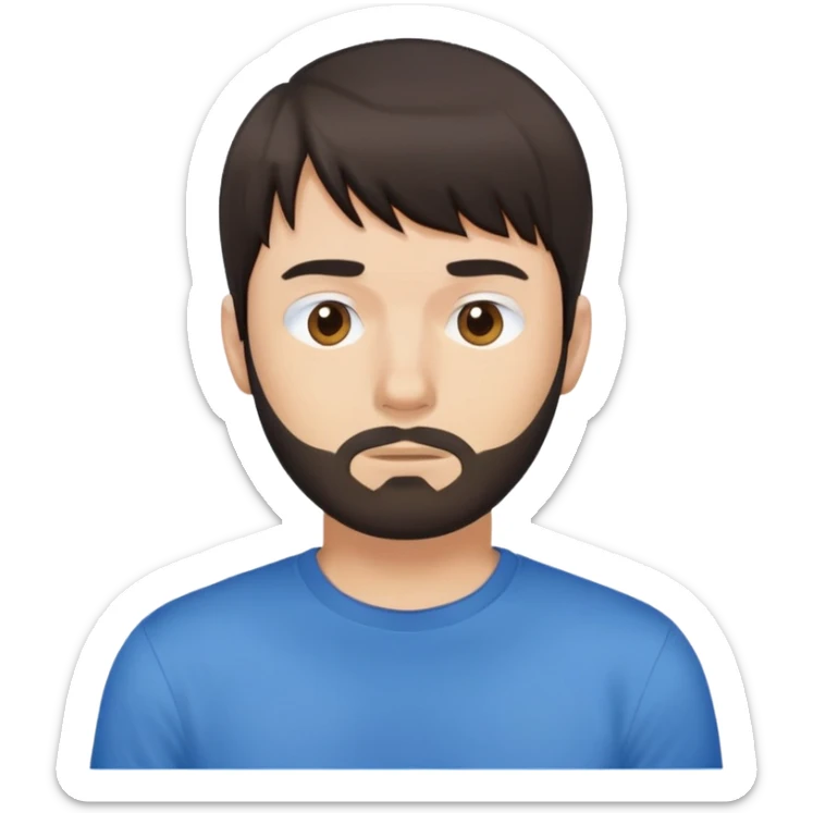Man with dark brown straight hair and bangs, short beard covering whole face, neutral expression, basic blue t-shirt sticker